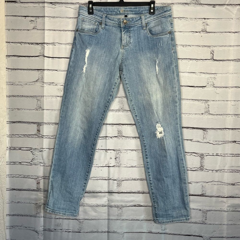 Kut from the Kloth Blue Straight Leg Jeans SZ 8 Distressed Light Wash High Waist